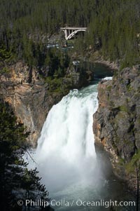 Hikers can be seen at the brink of the Upper Falls of the Yellowstone River, a 100 foot plunge at the head of the Grand Canyon of the Yellowstone, Yellowstone National Park, Wyoming