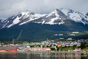 Ushuaia, the southernmost city in the world, lies on the Beagle Channel with a small portion of the Andes mountain range rising above.  Ushuaia is the capital of the Tierra del Fuego region of Argentina and the gateway port for many expeditions to Antarctica