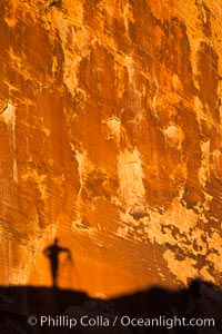 Rising sun creates the photographers shadow on a sandstone wall, Valley of Fire State Park