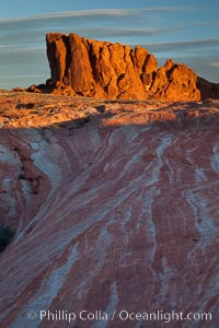 Sandstone striations and butte, dawn, Valley of Fire State Park