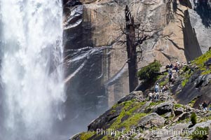 Hikers climb the Mist Trail (at right) through Little Yosemite Valley, approaching Vernal Falls.  Spring, Yosemite National Park, California