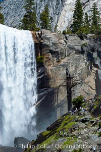 Hikers climb the Mist Trail (at right) through Little Yosemite Valley, approaching Vernal Falls.  Spring, Yosemite National Park, California