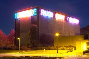 Vices and Virtues, part of the Stuart Collection and University of California, San Diego (UCSD).  Artist Bruce Naumann created Vices and Virtues in 1988 along the top of the Charles Lee Powell Structural Systems Laboratory at UCSD.  Vices and virtues named in alternating neon light blink bizarrely around the building, lighting the night sky at UCSD.  Very odd, La Jolla