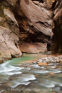 The Virgin River flows through the Zion Narrows, with tall sandstone walls towering hundreds of feet above, Virgin River Narrows, Zion National Park, Utah