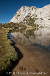 Vogelsang Lake (10324') and its grassy shoreline, with Fletcher Peak (11,408') rising above, Yosemite National Park, California