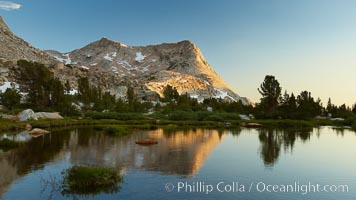 Vogelsang Peak (11516') at sunset, reflected in a small creek near Vogelsang High Sierra Camp in Yosemite's high country.