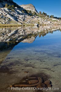 Vogelsang Peak (11500') and the shoulder of Fletcher Peak, reflected in the still morning waters of Fletcher Lake, in Yosemite's gorgeous high country, late summer, Yosemite National Park, California