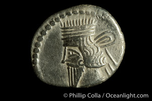 Vologases III of Parthia (105-147 A.D.), depicted on ancient Parthian coin (silver, denom/type: Drachm) (Ar Drachm, aVF. Obverse: Bust left. Reverse: archer enthroned right, holding bow, Greek legend.)
