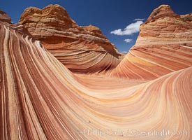 The Wave, an area of fantastic eroded sandstone featuring beautiful swirls, wild colors, countless striations, and bizarre shapes set amidst the dramatic surrounding North Coyote Buttes of Arizona and Utah.  The sandstone formations of the North Coyote Buttes, including the Wave, date from the Jurassic period. Managed by the Bureau of Land Management, the Wave is located in the Paria Canyon-Vermilion Cliffs Wilderness and is accessible on foot by permit only