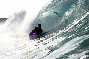 Bodyboarder and backlit wave, the Wedge, The Wedge, Newport Beach, California
