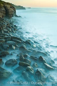 Waves and beach boulders, abstract study of water movement, La Jolla, California