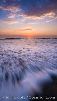 Waves rush in at sunset, Carlsbad beach sunset and ocean waves, seascape, dusk, summer