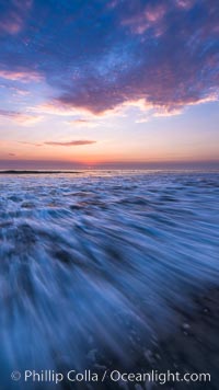 Waves rush in at sunset, Carlsbad beach sunset and ocean waves, seascape, dusk, summer