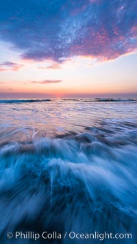 Waves rush in at sunset, Carlsbad beach sunset and ocean waves, seascape, dusk, summer