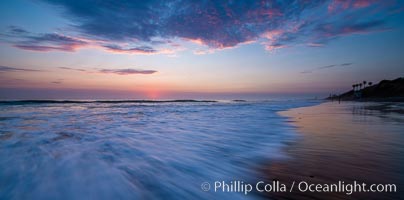 Waves rush in at sunset, Carlsbad beach sunset and ocean waves, seascape, dusk, summer