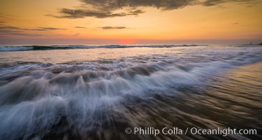 Waves rush in at sunset, Carlsbad beach sunset and ocean waves, seascape, dusk, summer