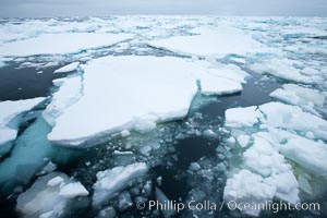 Pack ice and brash ice fills the Weddell Sea, near the Antarctic Peninsula.  This pack ice is a combination of broken pieces of icebergs, sea ice that has formed on the ocean.