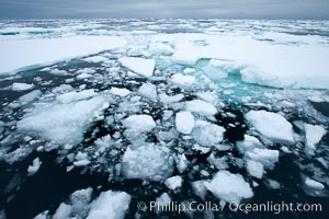 Pack ice and brash ice fills the Weddell Sea, near the Antarctic Peninsula.  This pack ice is a combination of broken pieces of icebergs, sea ice that has formed on the ocean