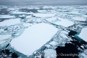 Pack ice and brash ice fills the Weddell Sea, near the Antarctic Peninsula.  This pack ice is a combination of broken pieces of icebergs, sea ice that has formed on the ocean