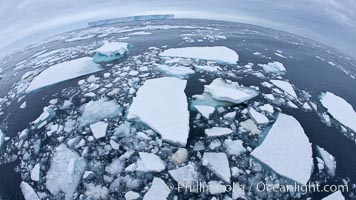 Pack ice and brash ice fills the Weddell Sea, near the Antarctic Peninsula.  This pack ice is a combination of broken pieces of icebergs, sea ice that has formed on the ocean