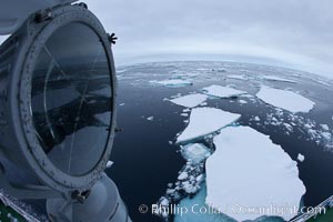 Pack ice and brash ice fills the Weddell Sea, near the Antarctic Peninsula.  This pack ice is a combination of broken pieces of icebergs, sea ice that has formed on the ocean.