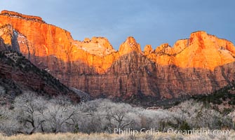 West Temple, The Sundial and the Altar of Sacrifice at sunrise, Zion National Park, Utah