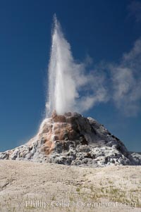 White Dome Geyser rises to a height of 30 feet or more, and typically erupts with an interval of 15 to 30 minutes.  It is located along Firehole Lake Drive, Lower Geyser Basin, Yellowstone National Park, Wyoming