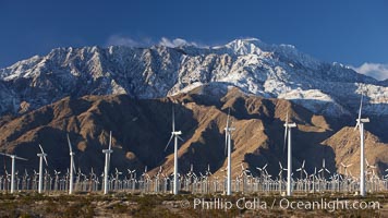 Wind turbines and Mount San Jacinto, rise above the flat floor of the San Gorgonio Pass near Palm Springs, provide electricity to Palm Springs and the Coachella Valley