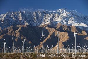 Wind turbines and Mount San Jacinto, rise above the flat floor of the San Gorgonio Pass near Palm Springs, provide electricity to Palm Springs and the Coachella Valley. California, USA, natural history stock photograph, photo id 22241