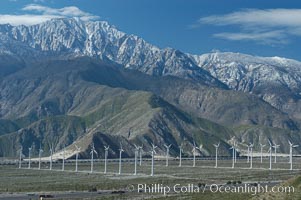 Wind turbines overlooking Interstate 10 provide electricity to Palm Springs and the Coachella Valley. San Gorgonio pass, San Bernardino mountains, San Gorgonio Pass