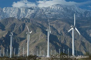 Wind turbines provide electricity to Palm Springs and the Coachella Valley. San Gorgonio pass, San Bernardino mountains, San Gorgonio Pass