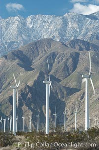 Wind turbines provide electricity to Palm Springs and the Coachella Valley. San Gorgonio pass, San Bernardino mountains, San Gorgonio Pass