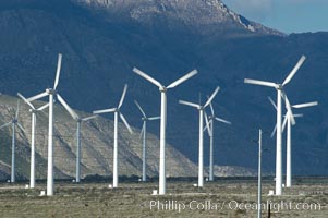 Wind turbines provide electricity to Palm Springs and the Coachella Valley. San Gorgonio pass, San Bernardino mountains, San Gorgonio Pass