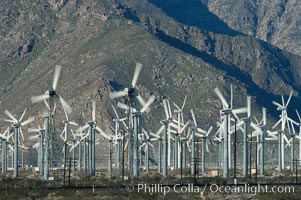 Wind turbines provide electricity to Palm Springs and the Coachella Valley. San Gorgonio pass, San Bernardino mountains, San Gorgonio Pass