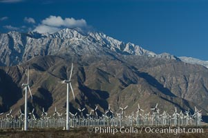 Wind turbines provide electricity to Palm Springs and the Coachella Valley. San Gorgonio pass, San Bernardino mountains, San Gorgonio Pass