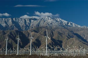 Wind turbines provide electricity to Palm Springs and the Coachella Valley. San Gorgonio pass, San Bernardino mountains, San Gorgonio Pass