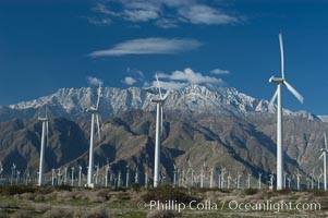 Wind turbines provide electricity to Palm Springs and the Coachella Valley. San Gorgonio pass, San Bernardino mountains, San Gorgonio Pass