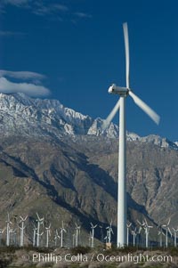 Wind turbines provide electricity to Palm Springs and the Coachella Valley. San Gorgonio pass, San Bernardino mountains, San Gorgonio Pass