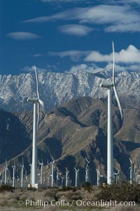 Wind turbines provide electricity to Palm Springs and the Coachella Valley. San Gorgonio pass, San Bernardino mountains, San Gorgonio Pass