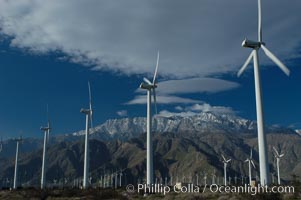 Wind turbines provide electricity to Palm Springs and the Coachella Valley. San Gorgonio pass, San Bernardino mountains, San Gorgonio Pass