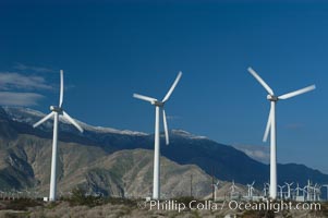 Wind turbines provide electricity to Palm Springs and the Coachella Valley. San Gorgonio pass, San Bernardino mountains, San Gorgonio Pass