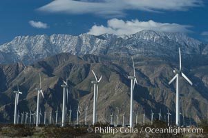 Wind turbines provide electricity to Palm Springs and the Coachella Valley. San Gorgonio pass, San Bernardino mountains, San Gorgonio Pass