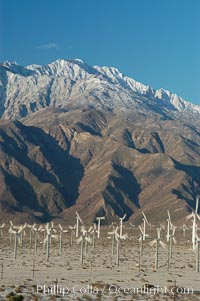 Wind turbines provide electricity to Palm Springs and the Coachella Valley. San Gorgonio pass, San Bernardino mountains, San Gorgonio Pass