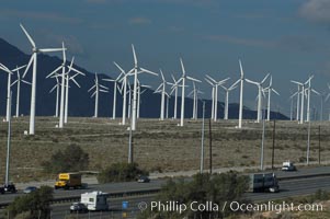 Wind turbines overlooking Interstate 10 provide electricity to Palm Springs and the Coachella Valley. San Gorgonio pass, San Bernardino mountains, San Gorgonio Pass