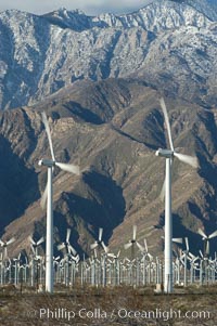 Wind turbines provide electricity to Palm Springs and the Coachella Valley. San Gorgonio pass, San Bernardino mountains, San Gorgonio Pass