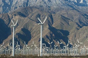 Wind turbines provide electricity to Palm Springs and the Coachella Valley. San Gorgonio pass, San Bernardino mountains, San Gorgonio Pass