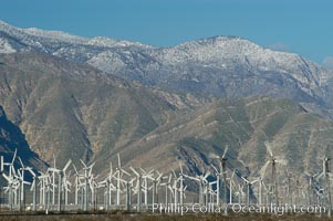 Wind turbines provide electricity to Palm Springs and the Coachella Valley. San Gorgonio pass, San Bernardino mountains, San Gorgonio Pass