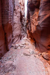 A hiker walking through the Wire Pass narrows.  This exceedingly narrow slot canyon, in some places only two feet wide, is formed by water erosion which cuts slots deep into the surrounding sandstone plateau, Paria Canyon-Vermilion Cliffs Wilderness, Arizona