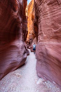 A hiker walking through the Wire Pass narrows.  This exceedingly narrow slot canyon, in some places only two feet wide, is formed by water erosion which cuts slots deep into the surrounding sandstone plateau, Paria Canyon-Vermilion Cliffs Wilderness, Arizona