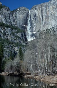 Yosemite Falls viewed from swinging bridge over Merced River, winter, Yosemite Valley, Yosemite National Park, California